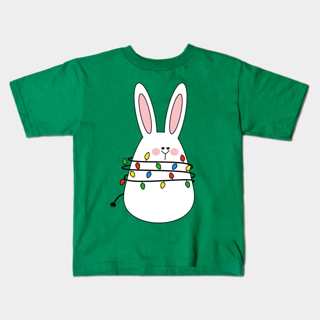 Bunny tangled in a string of Christmas lights Kids T-Shirt by tentihandmade